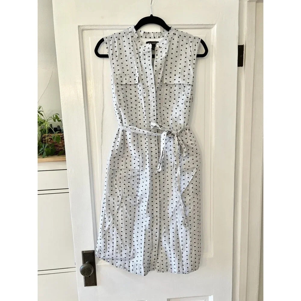 Banana Republic Midi Shirt Dress Workwear Polka Dot Pockets Tie Waist Sz Large - Picture 2 of 10